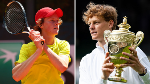 Jannik Sinner split image, showing him as a young player in 2019, in yellow T-shirt and red cap, and again in 2025 in all white with the Wimbledon trophy