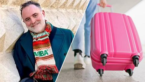 Benjamin Till and a pink suitcase with wheels