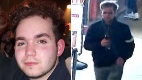 Two photos of Connor. The photo of the left is a close-up of his face. He has short brown hair and is wearing a blue jumper. The photo on the right shows Connor walking on a street with a bottle in his hand and his other hand in his pocket. He is wearing a blue jumper and blue jeans.