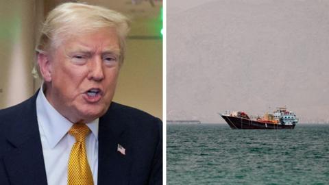 A composite image of Trump and a boat in the Strait of Hormuz