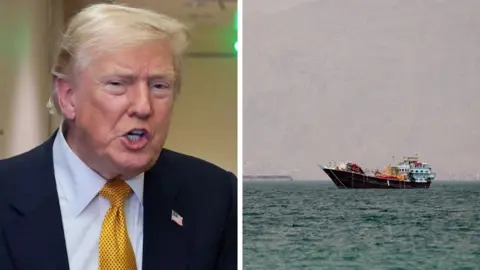 A composite image of Trump and a boat in the Strait of Hormuz