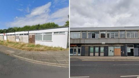 Two photos from Google Street View next to each other. On the left is a white building with one floor, it has some of its doors and windows boarded up and its located at the corner of a street with grass overgrowing slightly in front of it. On the right is a single-storey grey building with a wooden door boarded up at the front. It's located next to other buildings on a road.