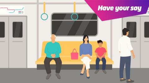 An illustration of people on a train carriage, showing a child and mother and two other adults..