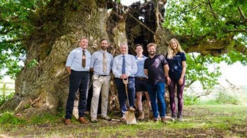 A group of five men and a woman are standing in front of a large, leafy tree and are holding a spade to launch a tree-planting project.