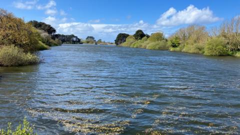 Guernsey reservoir in St Saviours - It shows a blue expanse of water with some greeny yellow leaves in the foreground. On either side of the lake is green srubbage.