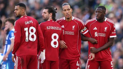 Cody Gakpo, Dominik Szoboszlai, Virgil van Dijk and Ibrahima Konate form the Liverpool defensive wall