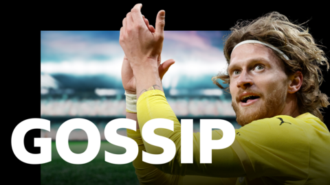 BBC Sport's gossip column image and Bodo/Glimt striker Kasper Hogh celebrating during the 2-1 win over Atletico Madrid in the Champions League