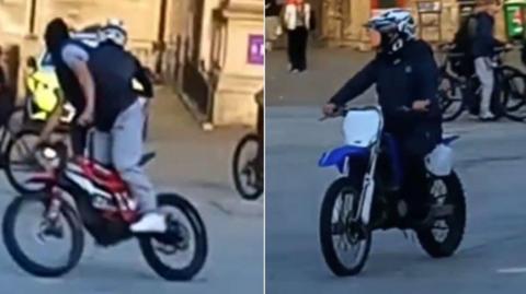 Two pictures of people riding bikes are side by side. On the left is a person wearing grey tracksuit bottoms and a black gillet on a red and black bike. On the right is a person in a black outfit, wearing a helmet, on a black bike with white and blue detailing. 