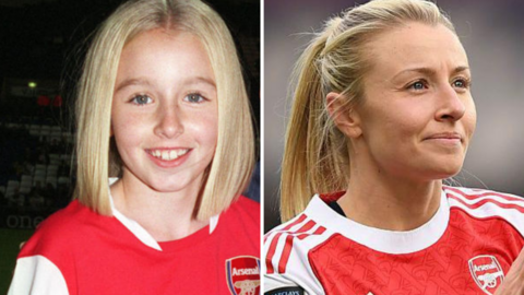 Leah Williamson, pictured aged nine in 2006 and aged 29 in 2026, wearing Arsenal's red kit in both