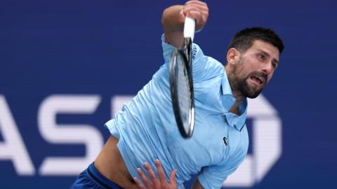Novak Djokovic serves in the second round of the US Open