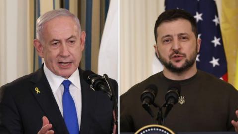 Split screen of Benjamin Netanyahu and Volodymyr Zelensky speaking at the White house on different occasions.