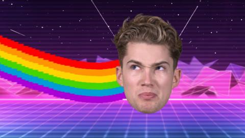 Dancer and choreographer AJ Pritchard's image in an animated background with a rainbow trail.