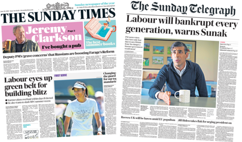 The headline in the Sunday Times reads, 'Labour eyes up green belt for building blitz', while the headline in the Sunday Telegraph reads, 'Labour will bankrupt every generation, warns Sunak'