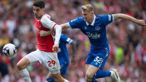 Jarrad Branthwaite of Everton (right) and Kai Havertz of Arsenal during the Premier League match 