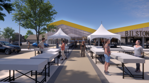 An artist's impression of the outdoor part of the market. People are stood around in sunshine by and underneath white canopies and tables.