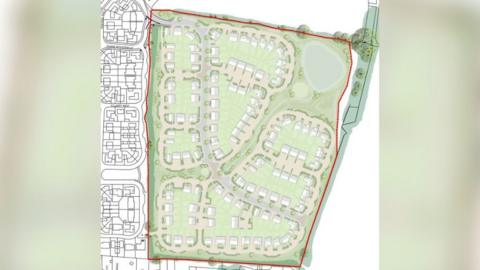 A drawing from above the an area of greenery and houses. There is a red line drawn around the area of greenery to show where the homes would be built.