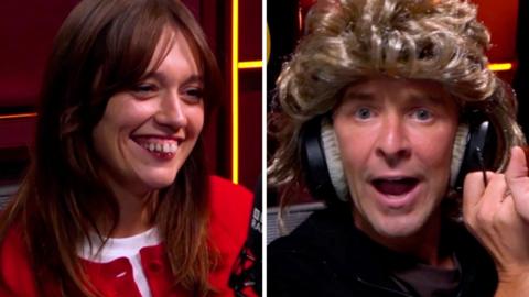 Split screen: Aimee Lou Wood, left, in red, smiling. Scott Mills, right, wearing a blond wig and headphones, mid-sentence.