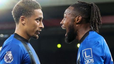 Antoine Semenyo shouting at Marcus Tavernier in celebration after scoring for Bournemouth against Liverpool