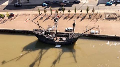 An aerial drone picture of the Nao Victoria replica ship docked at South Quay in Great Yarmouth. The picture has been taken from above.