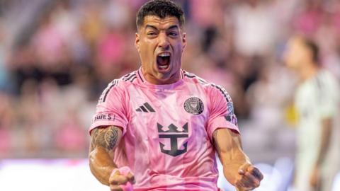 Luis Suarez celebrates scoring for Inter Miami