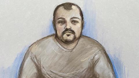 A court sketch of Anthony Russell as he appears via video link