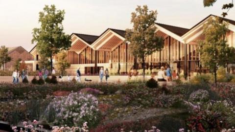 A CGI of the proposed Tatton Services shows a large timber and glass building behind a landscaped area including plants and flowers