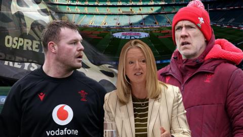 Wales captain Dewi Lake, Welsh Rugby Union chief executive Abi Tierney and Wales head coach Steve Tandy