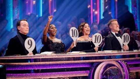 Craig Revel Horwood, Motsi Mabuse, Shirley Ballas, Anton Du Beke, during their appearance on the live show of Saturday's Strictly Come Dancing show on BBC1