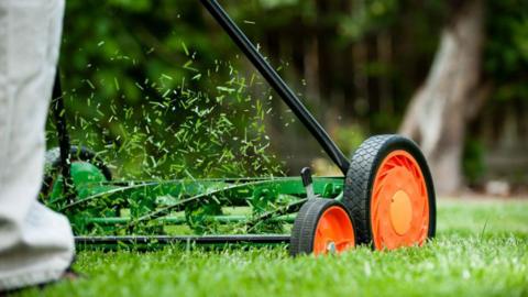 Close up of mower cutting the grass