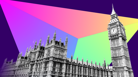 Black and white sylised cut-out of the Houses of Parliament with a colourful graphic triangle behind 