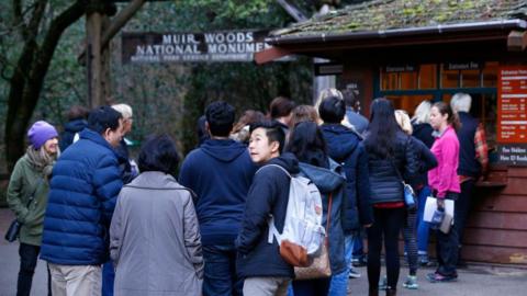 A line of visitors waiting to check in at visitor center at Muir Woods National Park 