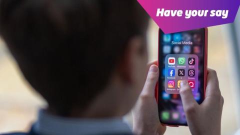 child looking at a mobile phone with icons of social media apps.