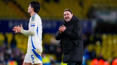 Leeds United boss Daniel Farke applauding alongside Pascal Struijk following their 1-1 draw with Blackburn Rovers