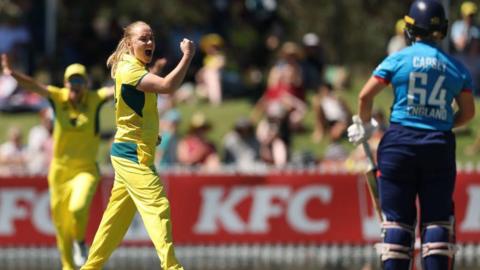 Australia's Kim Garth celebrates the wicket of Alice Capsey