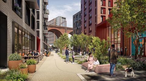 A computer-generated image showing a walkway running under Stockport's Viaduct, filled with trees set in planted areas, tables set outside by a restaurant, with new tower blocks either side of the walkway. People can be seen sitting in garden spaces along the walkway. 