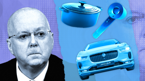 A composite image showing the front of a luxury Jaguar car, Dyson hair dryer, Le Creuset pot and a bald man with glasses, wearing a suit and looking pensive.