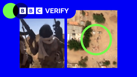 A composite image showing an RSF fighter raising his gun. The image on the right shows a satellite image of what analysts identified as dead bodies in el-Fasher.