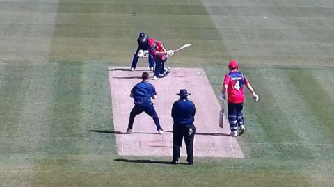 A screengrab of the Jersey vs Marylebone Cricket Club match. Charlie Brennan strikes the ball for Jersey.