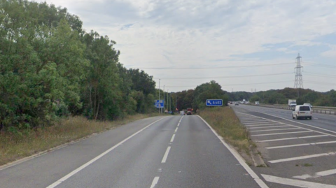 A Google Maps image of the Stevenage slip road at Junction 8 on the A1 motorway. 