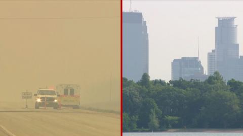 Split screen of yellow skies on the left and hazy skies on the right over a city