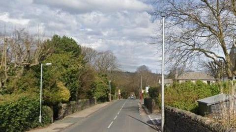 A 30mph suburban road on a clear day. The road is flanked by lamp-posts, boundary walls and trees and there is no traffic ahead