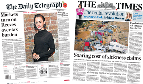 The headline in the Telegraph reads, "Markets turn on Reeves over tax burden", while the headline in the Times reads, "Soaring cost of sickness claims". 