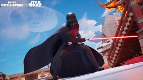 A promotional image from Fortnite showing its Darth Vader character in Battle Royale, wielding a lightsaber.