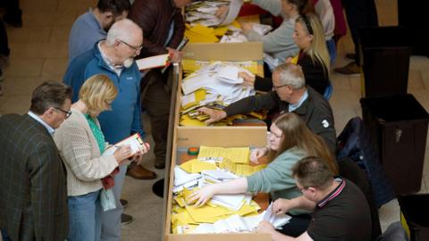 Staff count ballot papers for the local and European elections at Curragh Racecourse, County Kildare