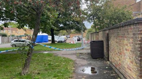 A police tape cordon in the middle of a residential street. The cordon is tied between a tree and a metal fence. On the right is a brick wall and the left a green patch of grass. 