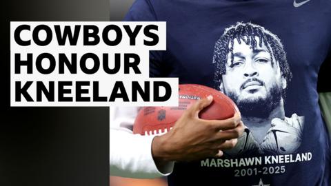 Slate with 'Cowboys honour Kneeland' as text over image of Marshawn Kneeland