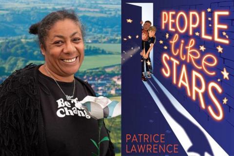 Composite image with author Patrice Lawrence in a rural environment and wearing a black top alongside the front cover of her book, 'People like stars'.