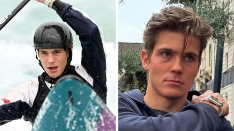 A composite image of Kurts Adams Rozentals competing in a slalom event on the left and an image from his Instagram page of his face on the right
