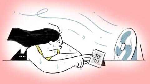 Illustrated scene of a woman sitting at a desk, pointing to an electric room temperature reader. On her left is a black cat and on her right is an electric desk fan with blue swirls of wind coming from it. The drawing uses a minimal black, yellow and pale blue colour palette on a light background. There is a faded red outline surrounding her and the fan