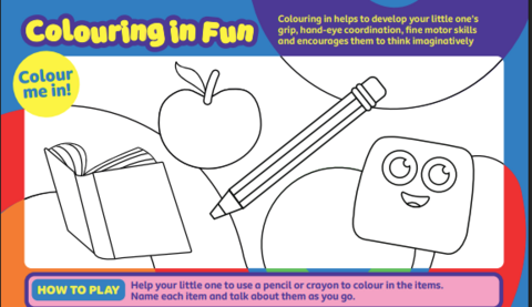 Colouring in Fun sheet with a book, apple and pencil shapes included as images.